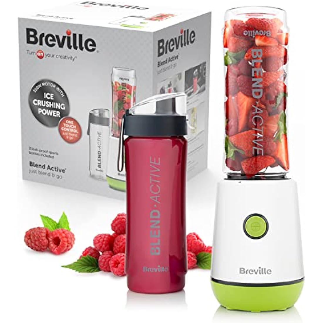 Breville Blend Active Personal Blender & Smoothie Maker | 350W | 2 Portable Blend Active Bottles (600ml) | Leak Proof Lids | White & Green [VBL246]