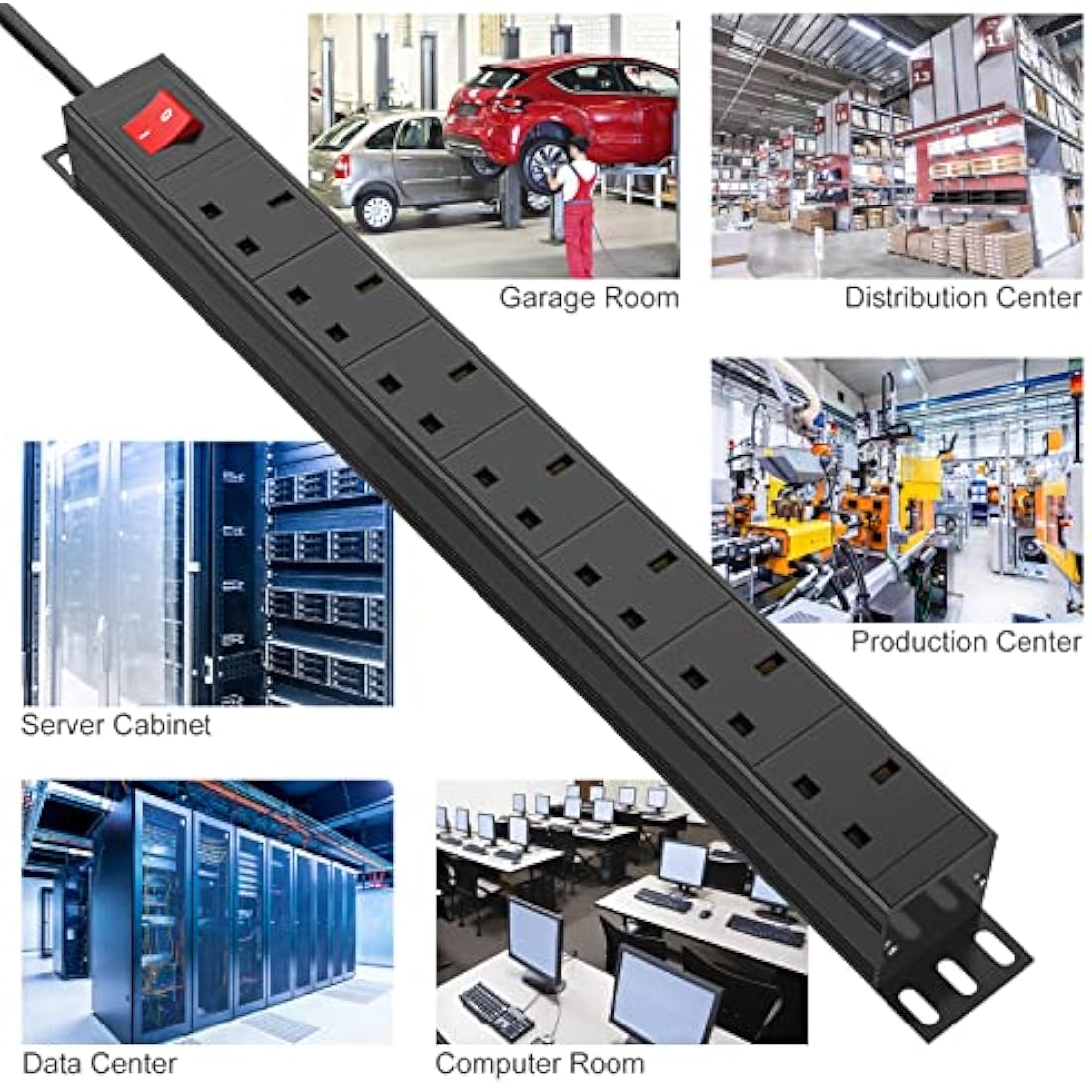Surge Protected Extension Lead 3M, HANNELORE 7 Way Power Strip with Switch, Power Distribution Unit PDU Rack Mount Power Strip, 13Amp Multi Plug Extension Sockets for Home, Office and Industrial Use