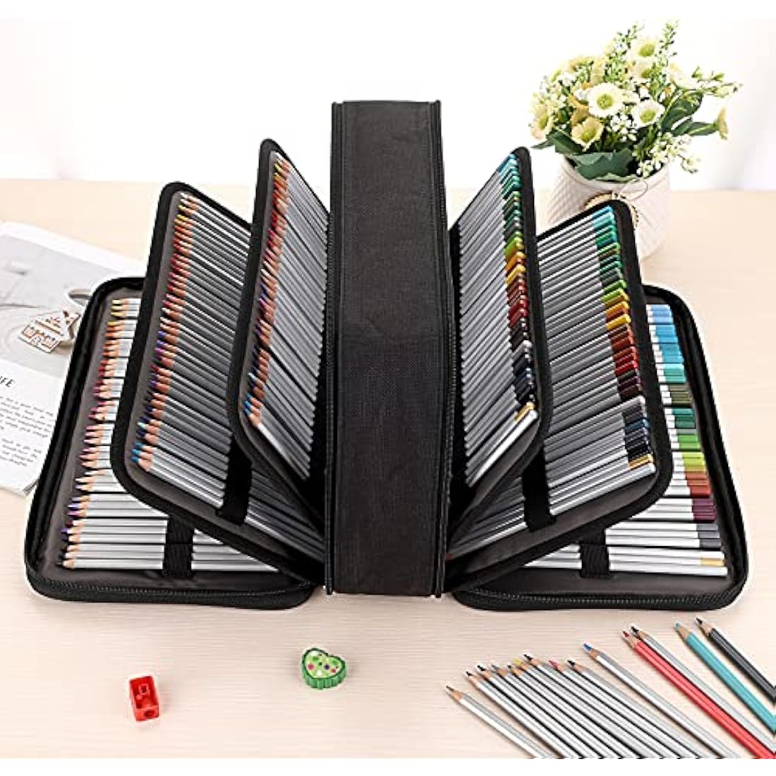 BSTKEY Pencil Case Wrap for Colored Pencils, Large Capacity 360 Slots Pencil Holder with Double Zipper Students School Office Pencil Pouch, Black (No Pencils)