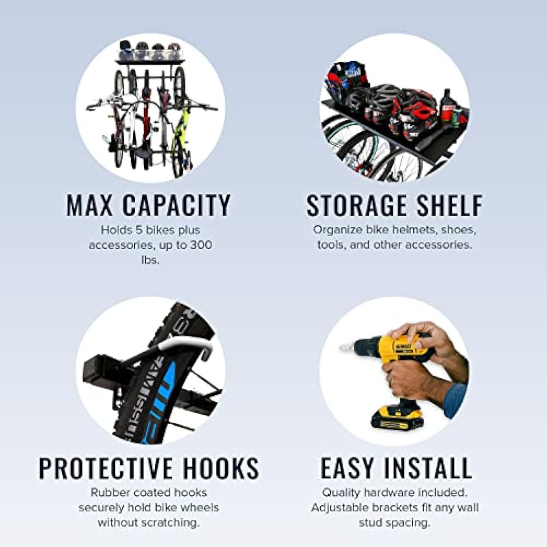 StoreYourBoard 5 Bike Storage Rack with Shelf, Holds 135 kg, Indoor Wall Mount, Adjustable Cycling Organizer