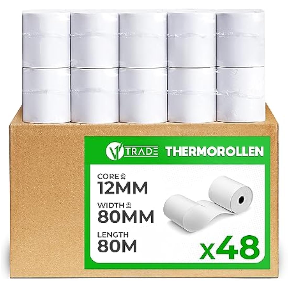 V1 Trade Thermal Rolls 80 mm x 80 m x 12 mm (Pack of 48) - Cash Register Rolls 80 mm Thermal for Cash Register - EC Rolls Made of Thermal Paper 42 g/m2 - Receipt Rolls Thermal 80 mm for Receipt