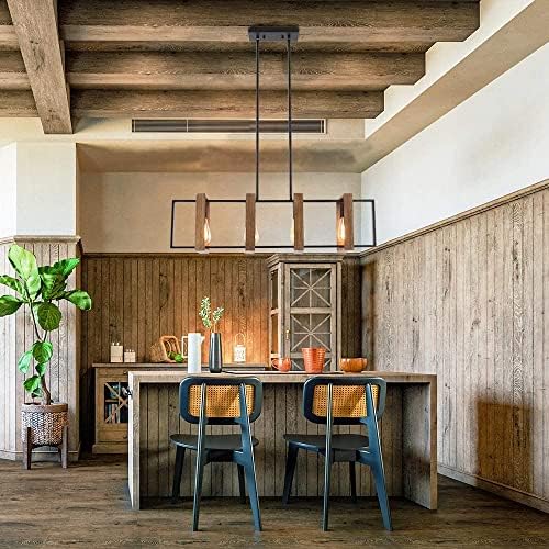 Kitchen Island Lighting,4 - Light Dining Room Farmhouse Chandelier,Black Modern Pendant Lighting,Pool Table Lights,Wood and Matte Black Metal Finish (4 Heads,Wood)