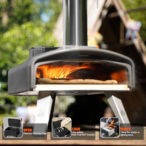 Mimiuo Upgraded Outdoor Pellet Pizza Oven, Portable Pellet Pizza Oven with Pizza Stone and Foldable Legs, Pizza Maker for Outdoor Cooking and Garden