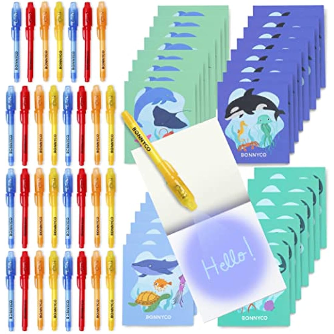 BONNYCO Invisible Ink Pen and Notebook, Pack 32 Sea Animals Ocean Party Bags Fillers, Pinata Toys | Birthday Decorations | Stocking Fillers for Kids Birthday | School Prizes, Gifts for Children