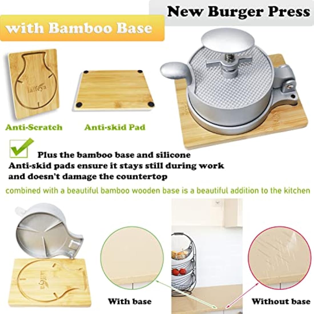 laffeya Hamburger Press Patty Maker, Patty Press & Wood Stand, Patty Makers, Adjustable Spring Burger Press, Push Plunger Hamburger Press (Spring Burger Press)