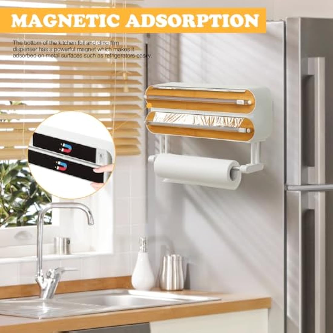 Magnetic Cling Film Dispenser and Cutter - Advanced 3-in-1 Wall-Mounted Kitchen Roll Holder, Quasziwa Refillable Cling Wrap & Aluminium Foil Dispenser with Paper Towel Holder - Fits 12" Roll, White