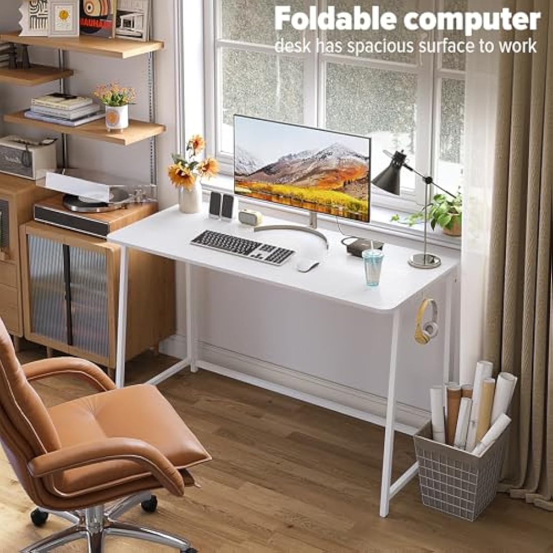 WOHOMO Folding Desk, 120cm Foldable Computer Desk for Bedroom, Space Saving Computer Table Writing Workstation for Home Office, Easy Assembly, White