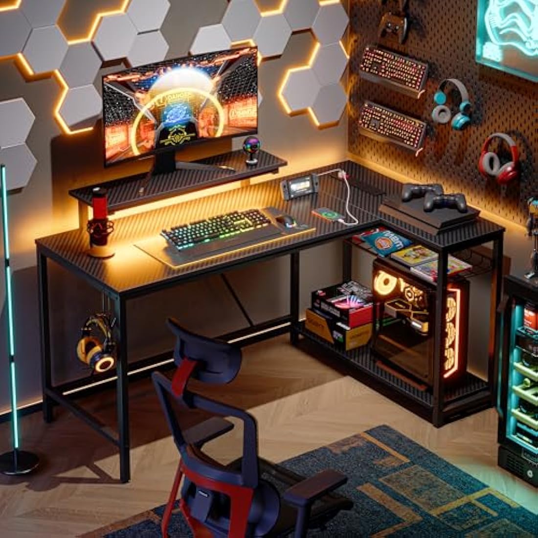 Bestier 132.5CM L-Shaped Workstation with Carbon Fibre Surface, 3 Power Outlets & 2 USB Ports, LED Strip Lights – Reversible Corner Unit with Shelves & Hooks for Home Office & Gaming