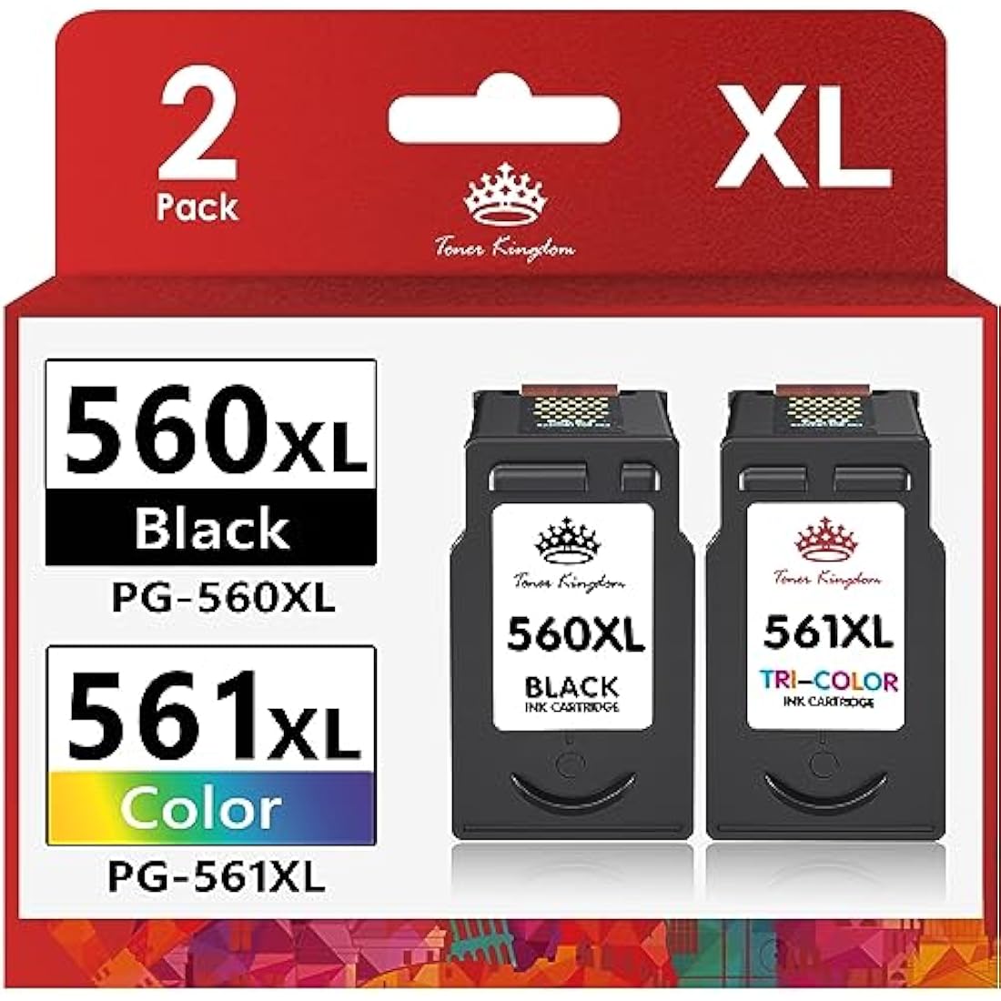 Toner Kingdom 560 561 XL Ink Cartridges Replacement for Canon 560 561 Ink Cartridges PG-560XL CL-561XL for Canon Pixma TS5350 TS7450 TS5351 TS7451 TS5352 TS5353 ink cartridges (1 Black, 1 Tri-Colour)