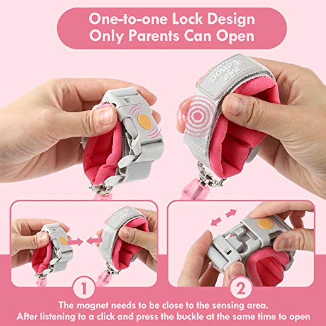 Lehoo Castle Baby Reins for Walking, 1.5M Toddler Reins for Kids with Induction Lock, Anti Lost Wrist Link Wrist Reins, Child Safety Harness for Autism Boys Girls (Pink)