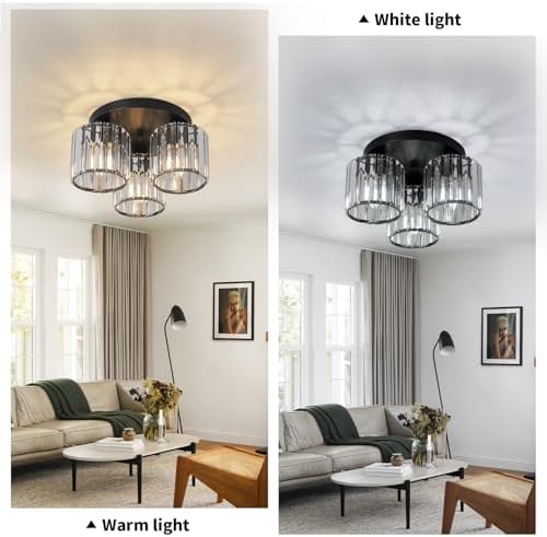 ZYDTRIP Crystal Chandeliers Ceiling Lights, 3-Lights Crystal Ceiling Lighting Living Room, Modern Black Semi Flush Mount Light Fittings for Bedroom, Hallway, Bathroom, Foyer, Kitchen Light Fixture