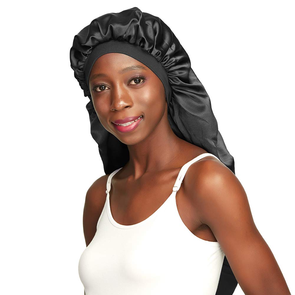 Awefeel Double-Layer Satin Sleep Cap for Long Hair, Braids, Dreadlocks, Curly Hair - Black - One Size