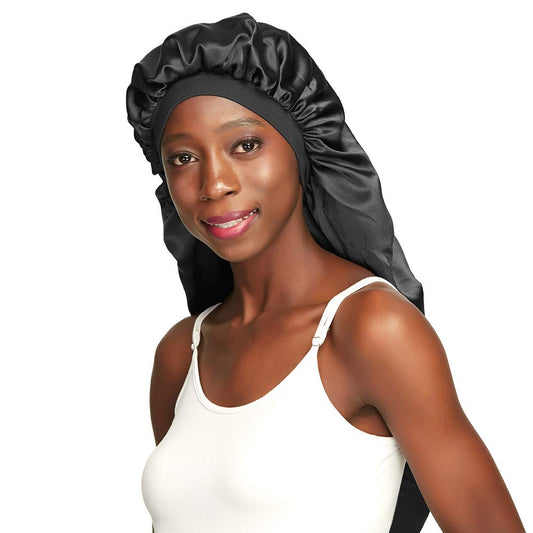 Awefeel Double-Layer Satin Sleep Cap for Long Hair, Braids, Dreadlocks, Curly Hair - Black - One Size