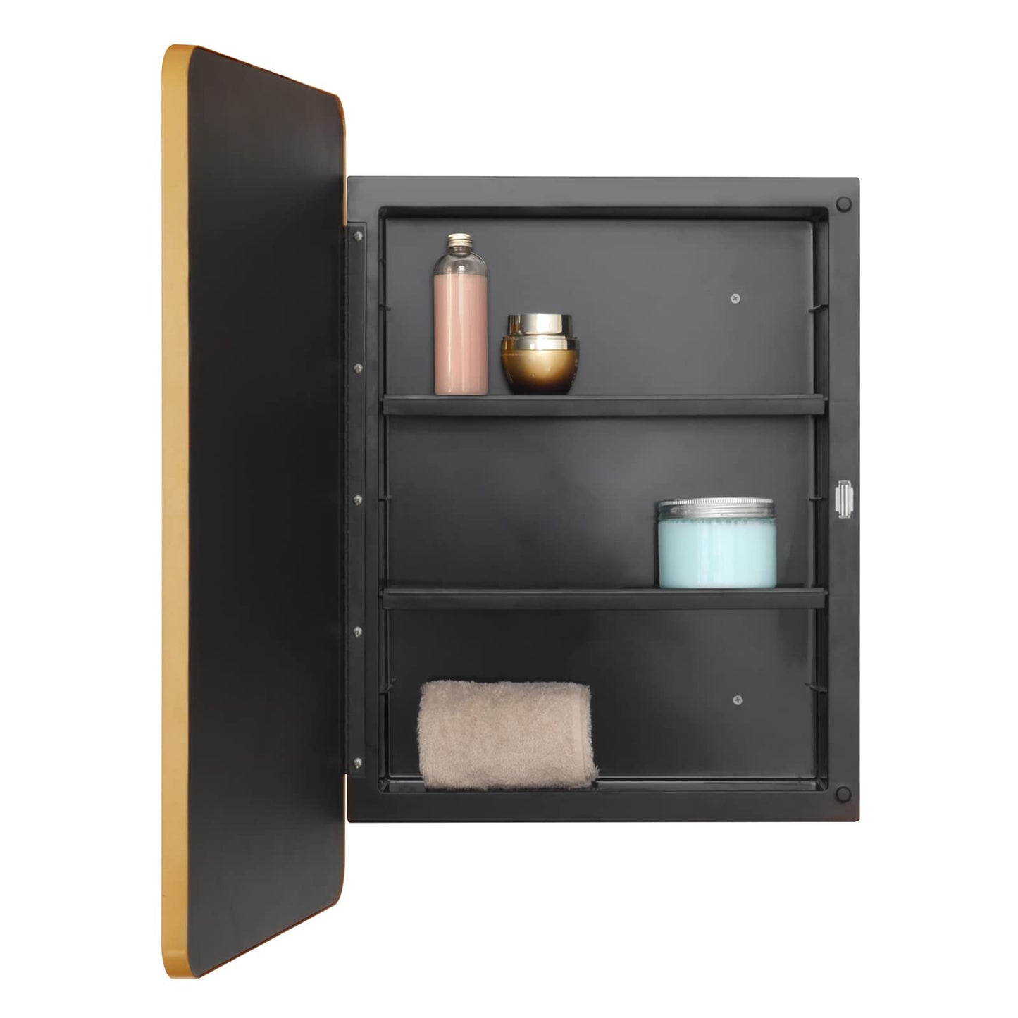 Fundin Plastic Mirror Cabinet, Beveled Edge Mirror Door with Round Corner Metal Frame, Recessed and Surface Mount, Golden,40 X 61 CM