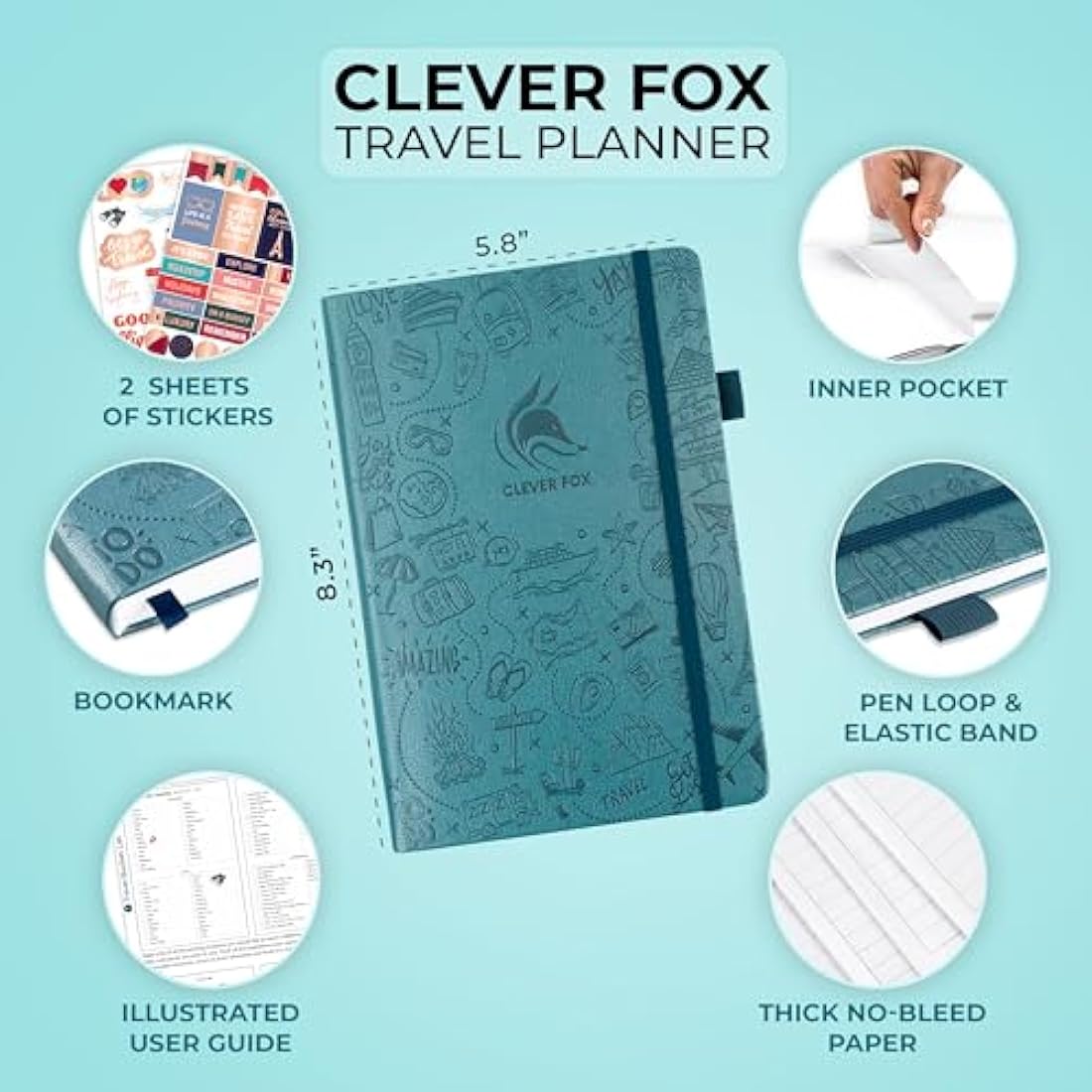 Clever Fox Travel Journal – Vacation Planner with Budget Plan, Packing List, Expense Tracker & Trip Journal – Travelling Itinerary Organizer for Women, Men & Couples – A5 Size, Aquamarine