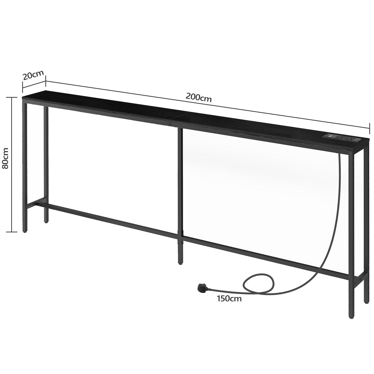 MAHANCRIS Console Table with Power Outlet, 200 CM Narrow Sofa Table, Industrial Entryway with USB Ports, Behind Couch Table for Entryway, Hallway,