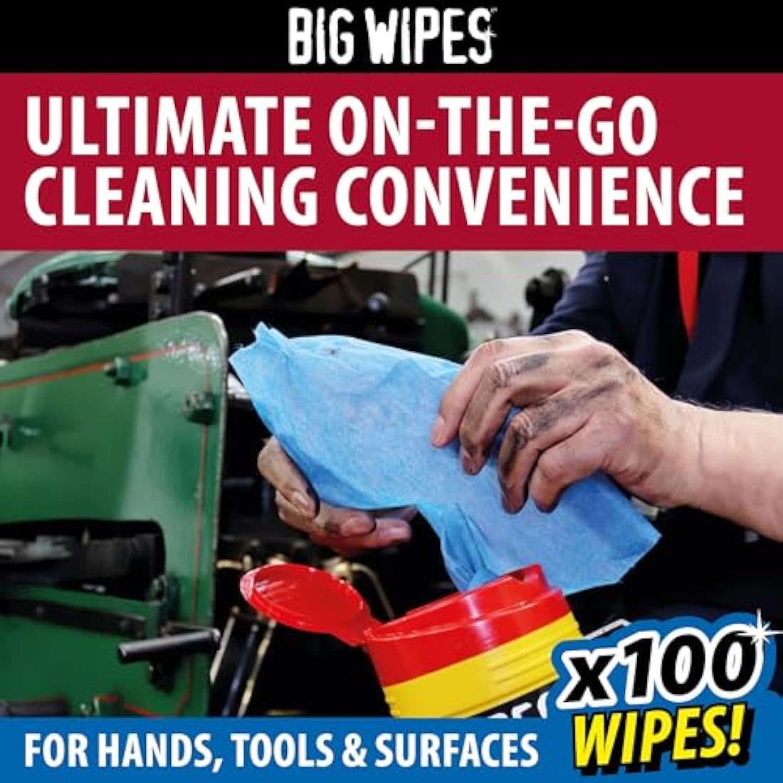 Big Wipes Heavy Duty Pro+ Hand Wipes in Dispenser Tub (x100) Textured Dual-Sided with Skincare. Ultra Efficient on Grime. Heavy Duty & Industrial Cleaning Products for Tradespeople