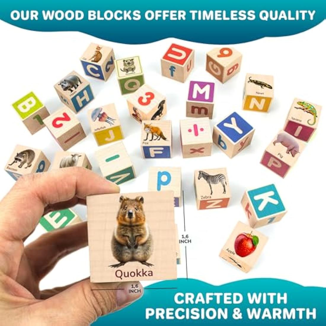 QUOKKA Wooden Blocks for Toddlers 1-3 - Realistic ABC Learning Baby Blocks for Kids 3-5 Year Olds - Stacking Alphabet Wood Toys for 2-4 yo - Learn Letters Numbers