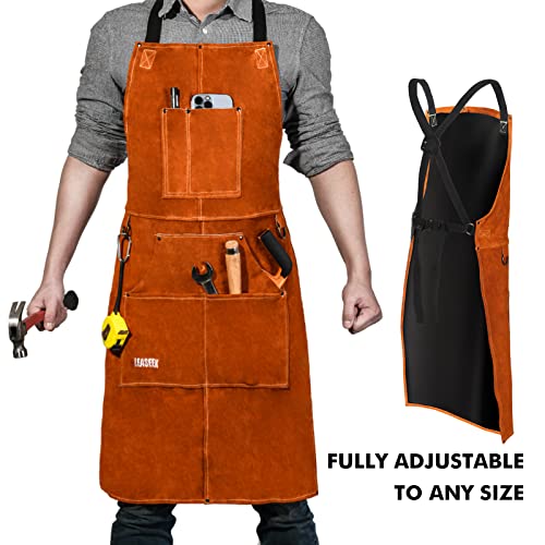 Leather Welding Work Apron - Heat Resistant & Flame Resistant Bib Apron, Flame Retardant Heavy Duty BBQ, Adjustable One Size Fit Most