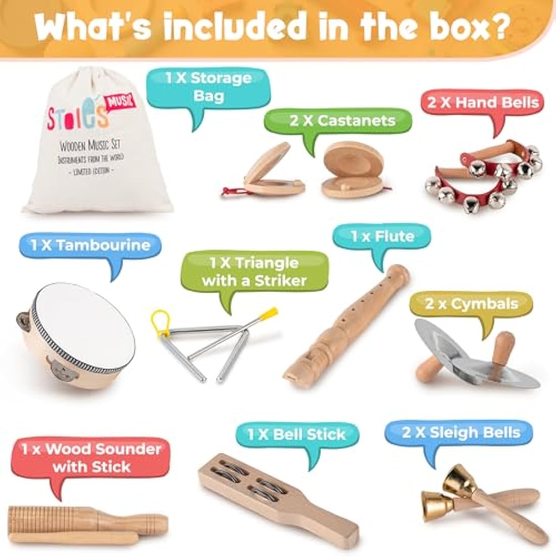 Stoie's Wooden Kids Musical Instruments for 1-9 years old, with Drum, Flute, Hand Bells, Cymbals, Castanets, Triangle, for Babies and Toddlers, Durable, Safe, Montessori Educational Toy, Storage Bag