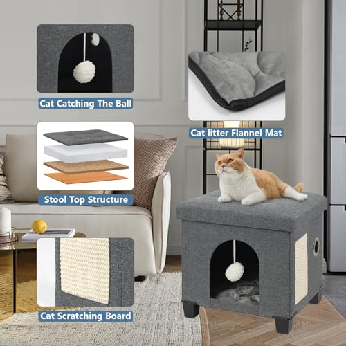 BRIAN & DANY Large Cat Cave for Indoor Cats, Multifunctional Cube Cat House with Cat Scratch Board & Ball, Cat Bed, 45 x 37.5 x 38 cm, Gray