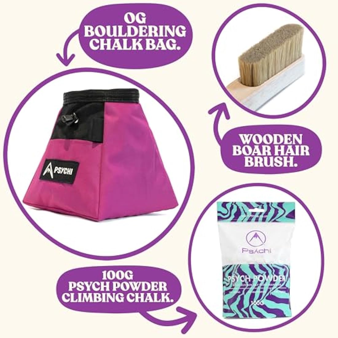 Psychi OG Climbing Chalk Bag Bucket Bundle - Starter Pack for Rock Climbing, Gym, Weightlifting - 7 Fun Colour Options - Includes Chalk Bucket, Loose Climbing Chalk & Bouldering Brush
