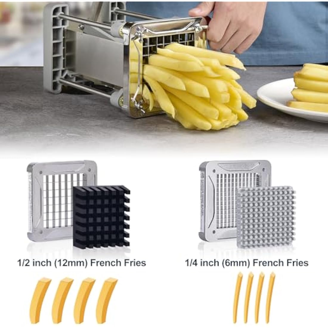 Chip Cutter, Sopito Professional Stainless Steel Potato Chipper for French Fries Cutters with 1/2 Inch and 1/4 Inch Replacement Blades for Home and Commercial Use