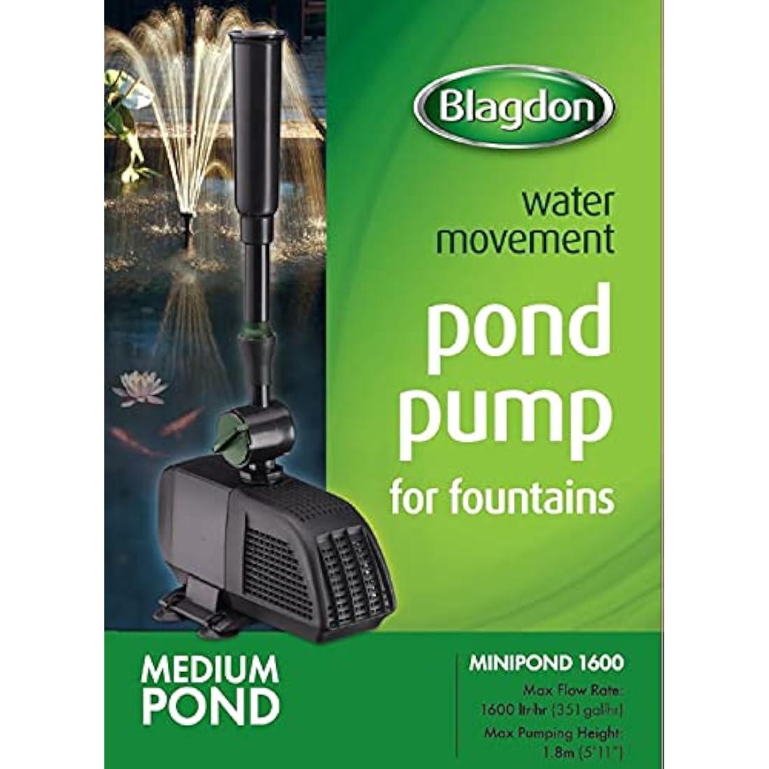 Blagdon Minipond Pond Pump 1600 (to Run Fountains for Medium Ponds up to 3582 Litre), 3 Fountain Heads, Black