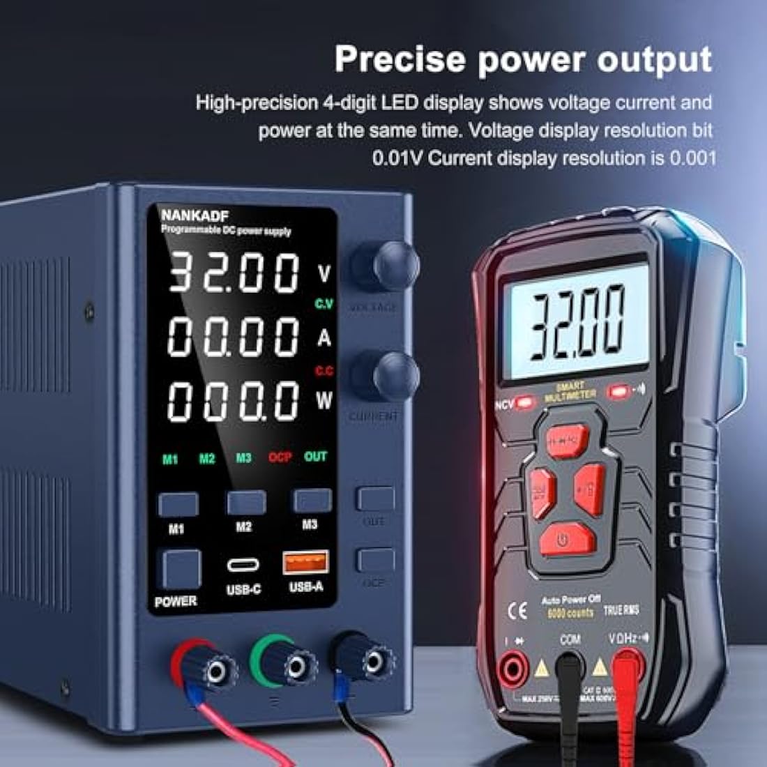 DC Power Supply 0-32V 0-10A, Lab DC Power Supply Variable with Memory Storage, Bench Power Supply with Encoder Adjustment & USB-A/Type-C Fast Charging Interface