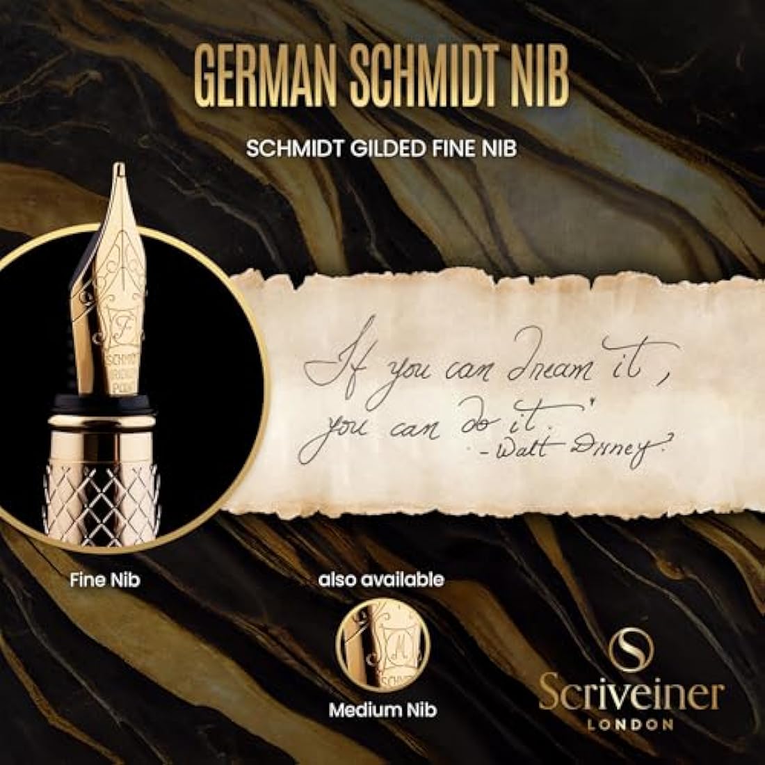 Scriveiner Luxury Fountain Pen - Stunning Gold Pen, Real Gold Plating, Schmidt Gilded Nib (Fine), Converter, Best Pen Gift Set for Men & Women, Professional, Executive, Office, Nice Pens