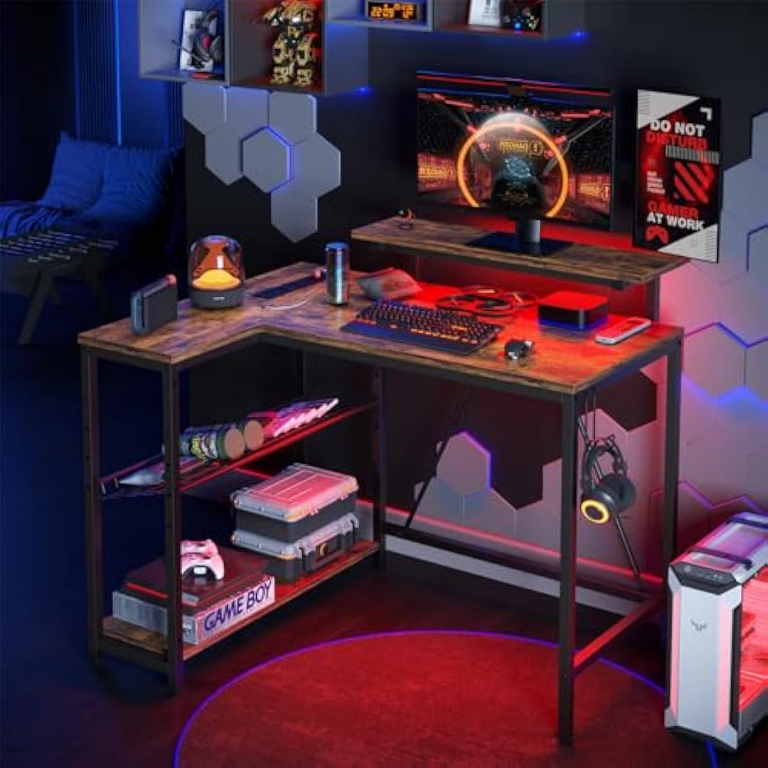 Bestier 106.5CM L-Shaped Desk with 3 Power Outlets, 2 USB Ports & LED Strip Lights, Reversible Corner Workstation with Shelves & Hooks for Office & Gaming