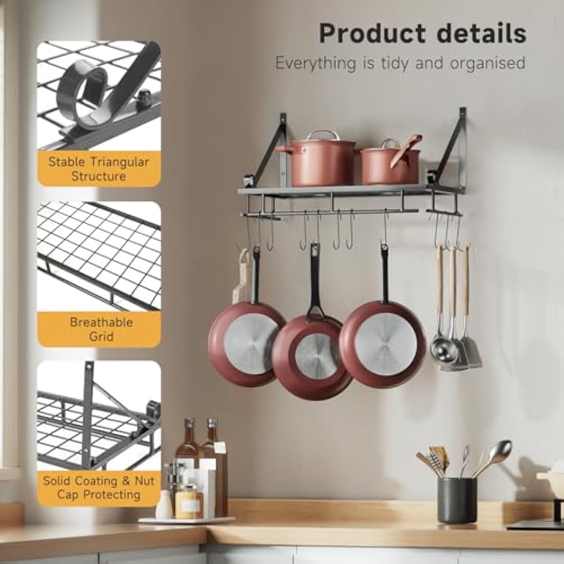 XEMQENER Wall Hanging Pan Pot Rack with 10pcs Removable Hooks, 45cm Wall Shelf with Towel Bar, Kitchen Bathroom Utensils Organizer, Hanging Shelving (45 * 24 * 25cm)