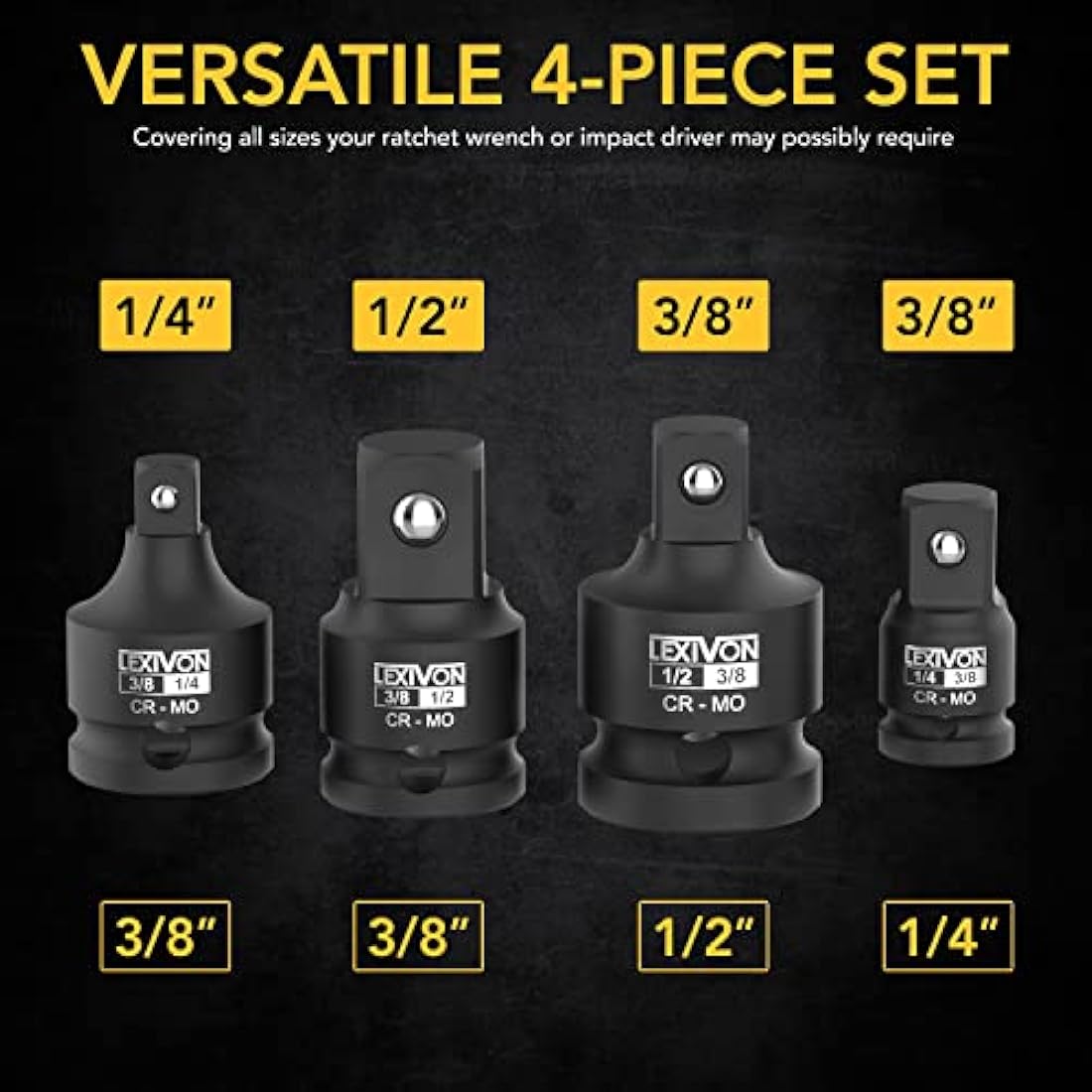 LEXIVON Impact Socket Adapter Combo Kit, 7-Piece Increaser, Reducer & Extension Set | 1/4"-3/8"-1/2" Impact Driver Conversions, Active Rust Protection by Black-Phosphate Coating Treatment (LX-109)