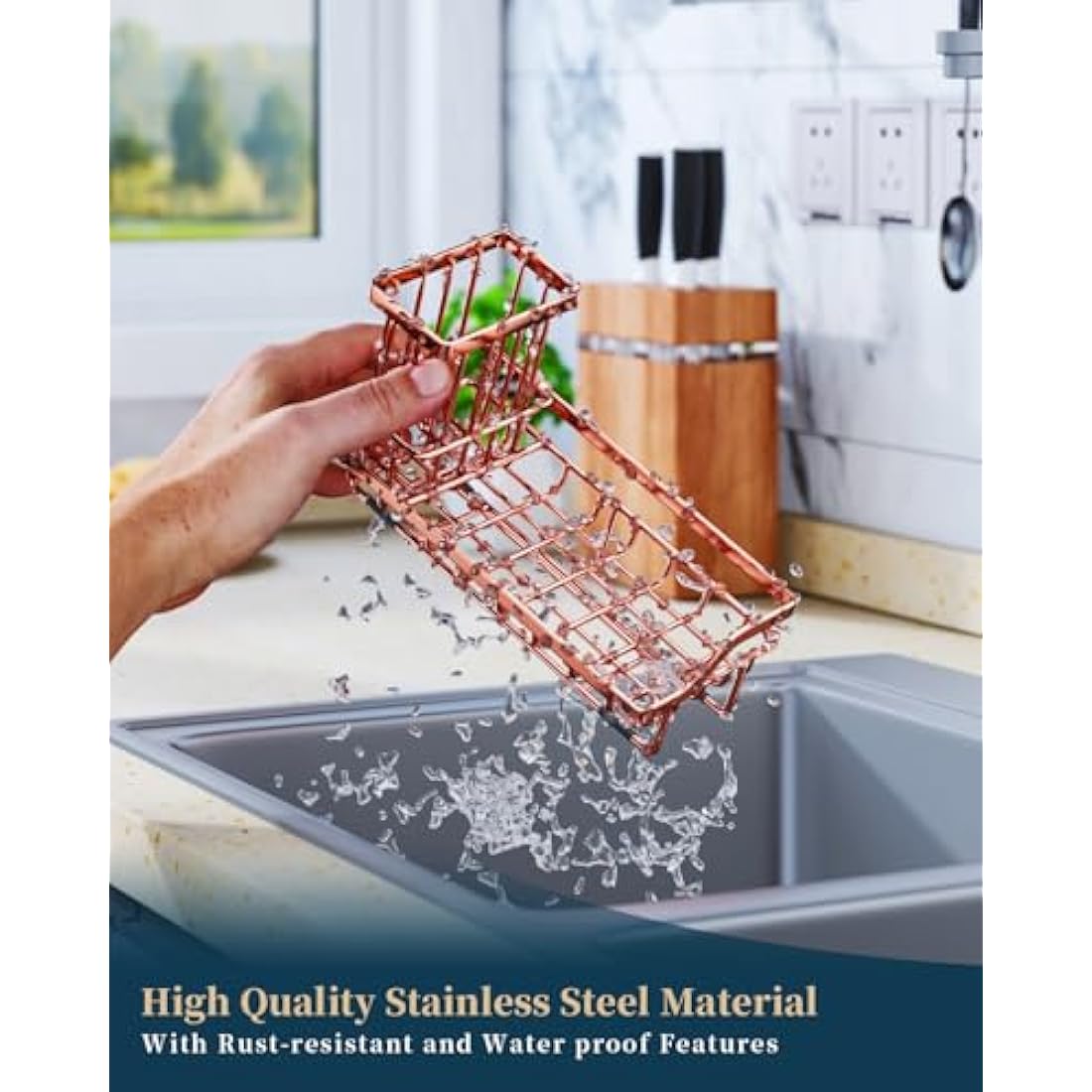 Consumest Sponge Holder for Kitchen Sink - Sink Caddy Kitchen Sink Organizer with Removable Drip Tray for Countertop Dish Soap Dispenser Brush Storage Accessories 304 Stainless Steel, Rose Gold