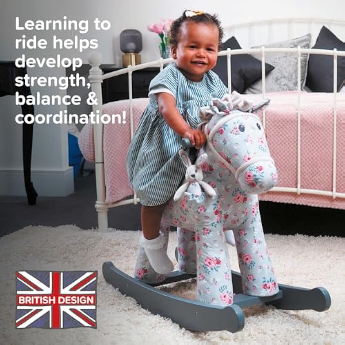 Little Bird Told Me - Lily & Rose Rocking Horse for Toddler 12+ Months Unisex - Grey & Pink Floral Printed Fabric, Solid Wooden Frame & Rockers, Removable Plush Toy - British Brand Since 2007