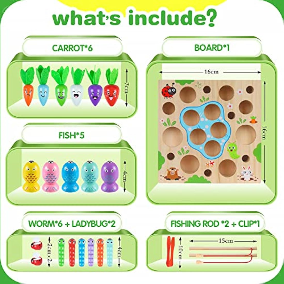 COOLJOY Wooden Fishing Game Toy, 4 In 1 Magnetic Montessori Toys for 2 Year Olds, Carrots Harvest Toy Shape Sorter, Toddler Educational Gift for 2 3 4 Year Olds Girls Boys