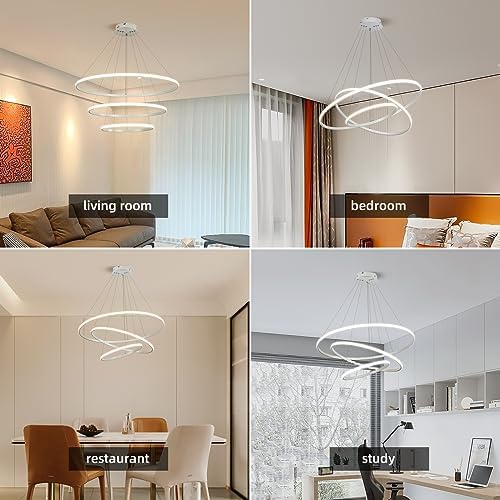 Led Chandeliers Ceiling Light,Dimmable 3 Ring Acrylic Chandelier Lighting Fixture,White Adjustable Pendant Light for Kitchen Island Dining Room Living Room Foyer Hanging 20+40+60Cm/(7.87+15.7+23.6)