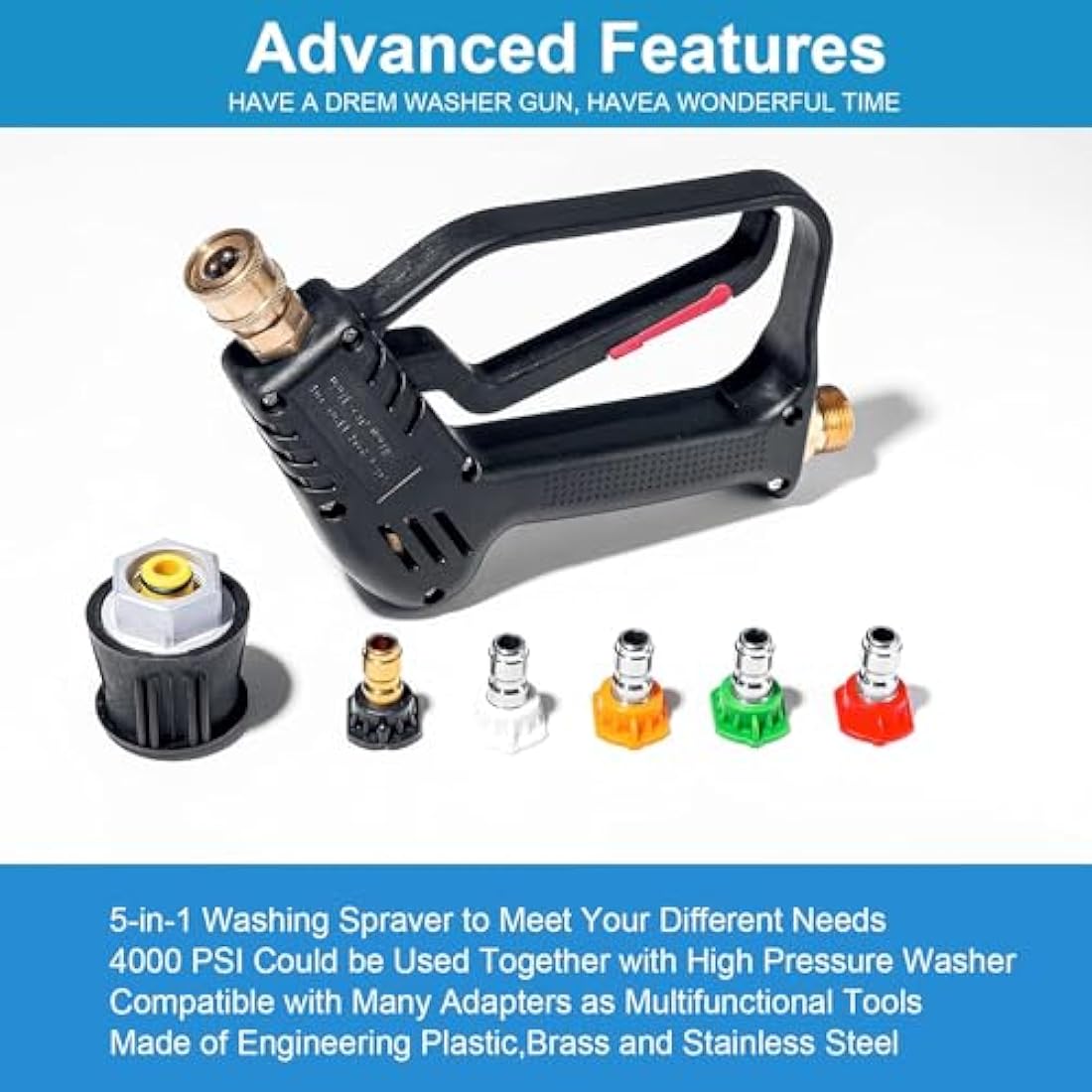 YUET High Pressure Washer Gun Handle with 5 Water Nozzle Tip,Water Wash Cleaner for Car Cleaning Kit(M22 14MM Fitting Hose Connector & 1/4" Bosch Nilfisk Quick Connector) Power Wand 4350 PSI