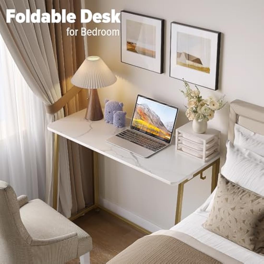 WOHOMO Folding Desk, Small Writing Desk, Space-Saving Foldable Laptop Table Writing Workstation for Home Office, Easy Assembly, White and Gold