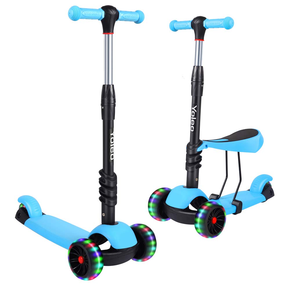 YOLEO Kids Three Wheel Kick Scooter with Removable Seat, LED Flashing Wheels, Height Adjustable, 3-in-1 Lightweight Children's Scooter Boys and Girls