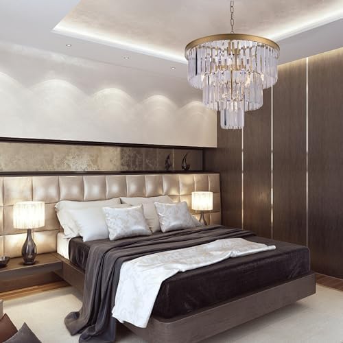 Wellmet 20 inch Gold Crystal Chandelier, 3-Tier Contemporary Modern Bathroom Chandeliers, 7-Light Adjustable Hanging Round Ceiling Light for Bedroom, Entryway, Dining Room, Girls Room, Foyer