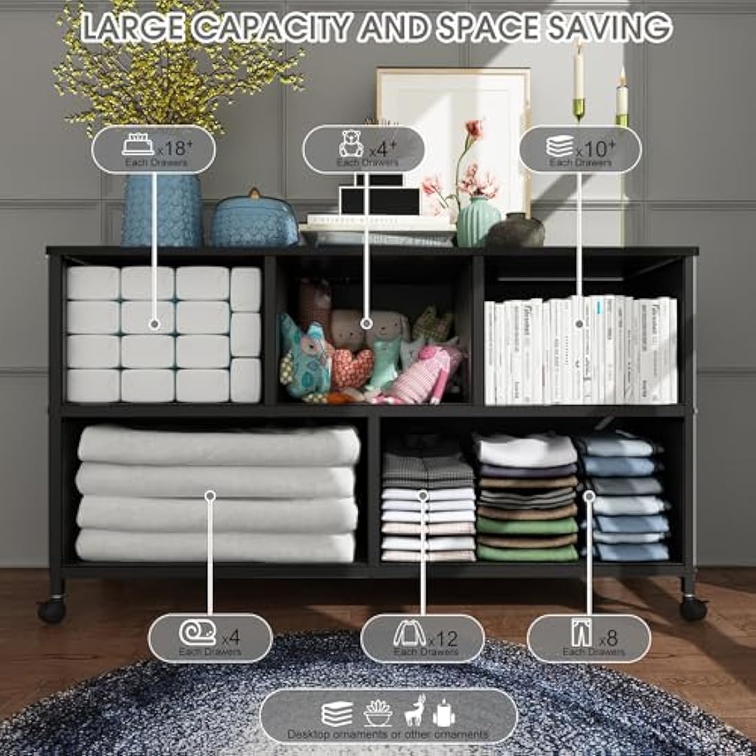 MYGIIVOVO Chest of Drawers, Dresser for Bedroom with 5 Fabric Drawers, TV Stand with 4 Castors, Storage Organizer Unit for Living Room Kids Room (Black)