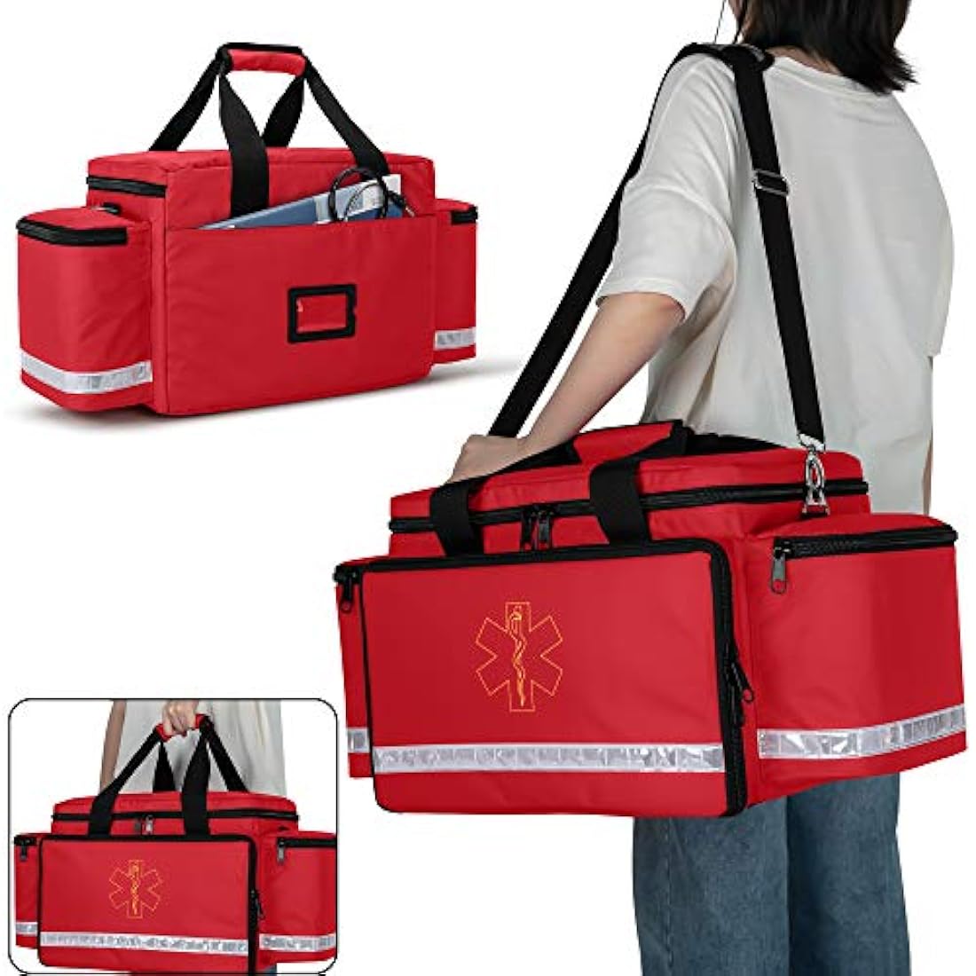 Trunab Emergency Responder Trauma Bag Empty, Professional Large First Aid Bag Medical Bag with Inner Dividers and Non-Scratch Bottom, Ideal for EMT, EMS, Paramedics, Red, Bag Only, Patented Design