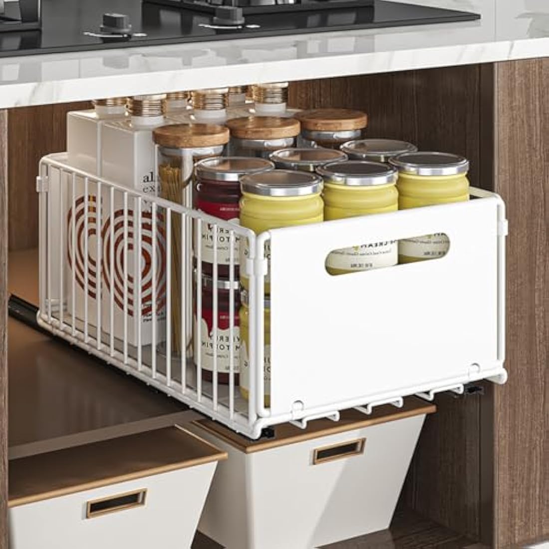 YunNasi Pull Out Cabinet Organizer Slide Out Drawer Storage Shelves Cupboard Organiser Sliding Cabinet Basket for Kitchen with Silent Slide No Drilling and Nailing (White, 2Piece 38Dx25Wx10H CM)