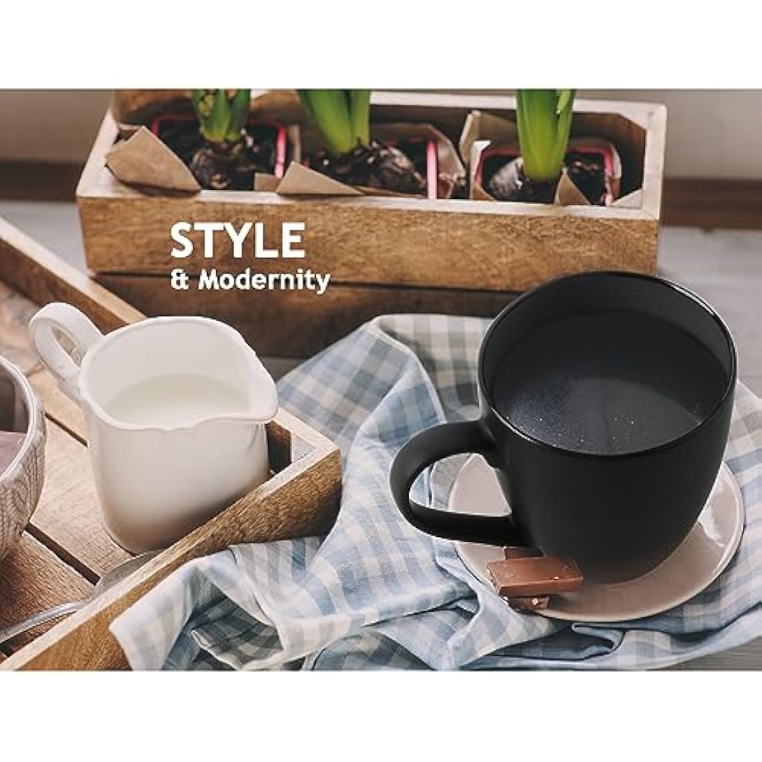 MIAMIO - 6 x 350 ml Stoneware Coffee Mug/Cup Set - Le Papillon Collection (Black)