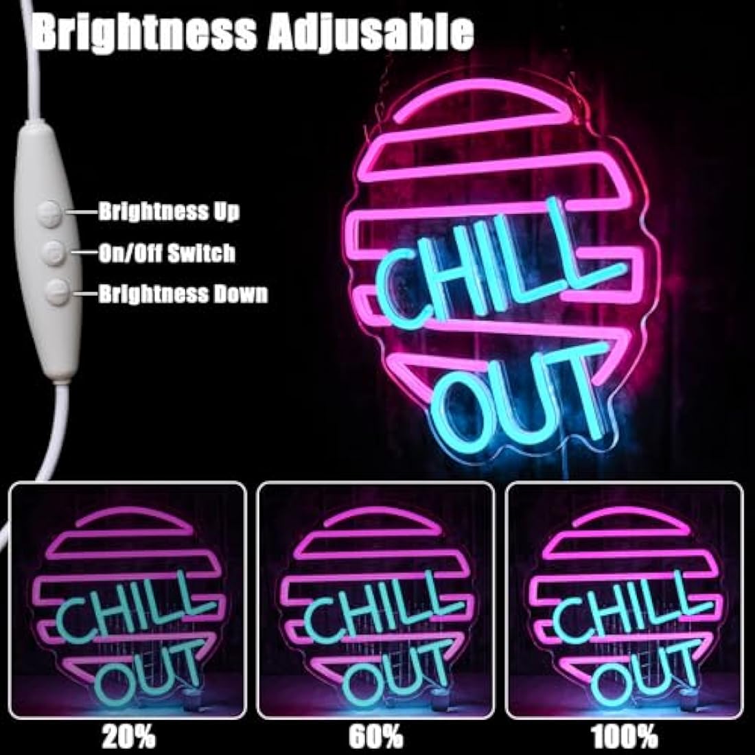 OYCGZV Chill Out Neon Light Sign - Blue Pink Neon Sign for Wall Decor Letter Neon Wall Light USB Led Sign for Home Game Zone Living Room Bedroom Man Cave Party Beer Bar Pub Cafe Party