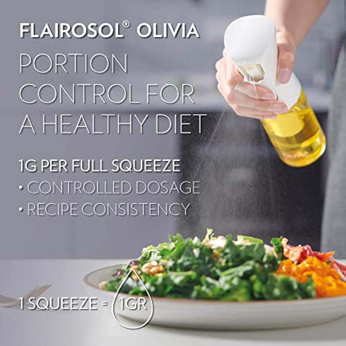 FLAIROSOL OLIVIA. The Original Advanced Oil Sprayer for Cooking, Salads, BBQs and More, Continuous Spray with Portion Control, Trusted by Chefs. Patented Technology (Glass Bottle) (Golden Leaves)