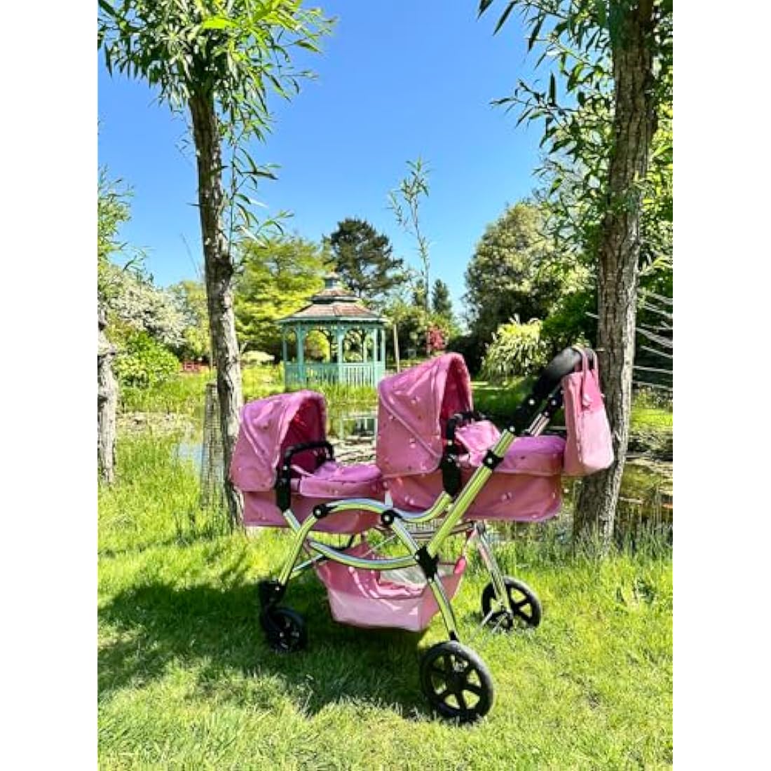 Roma Darcie Twin Dolls Pram in Pink with Adjustable Handle,Dolls Pushchair, Lightweight Dolls Double Buggy, Twin Pram for 3-16 Years, Fits 18 Inch Dolls, Ideal For Christmas, Birthdays and Reborns