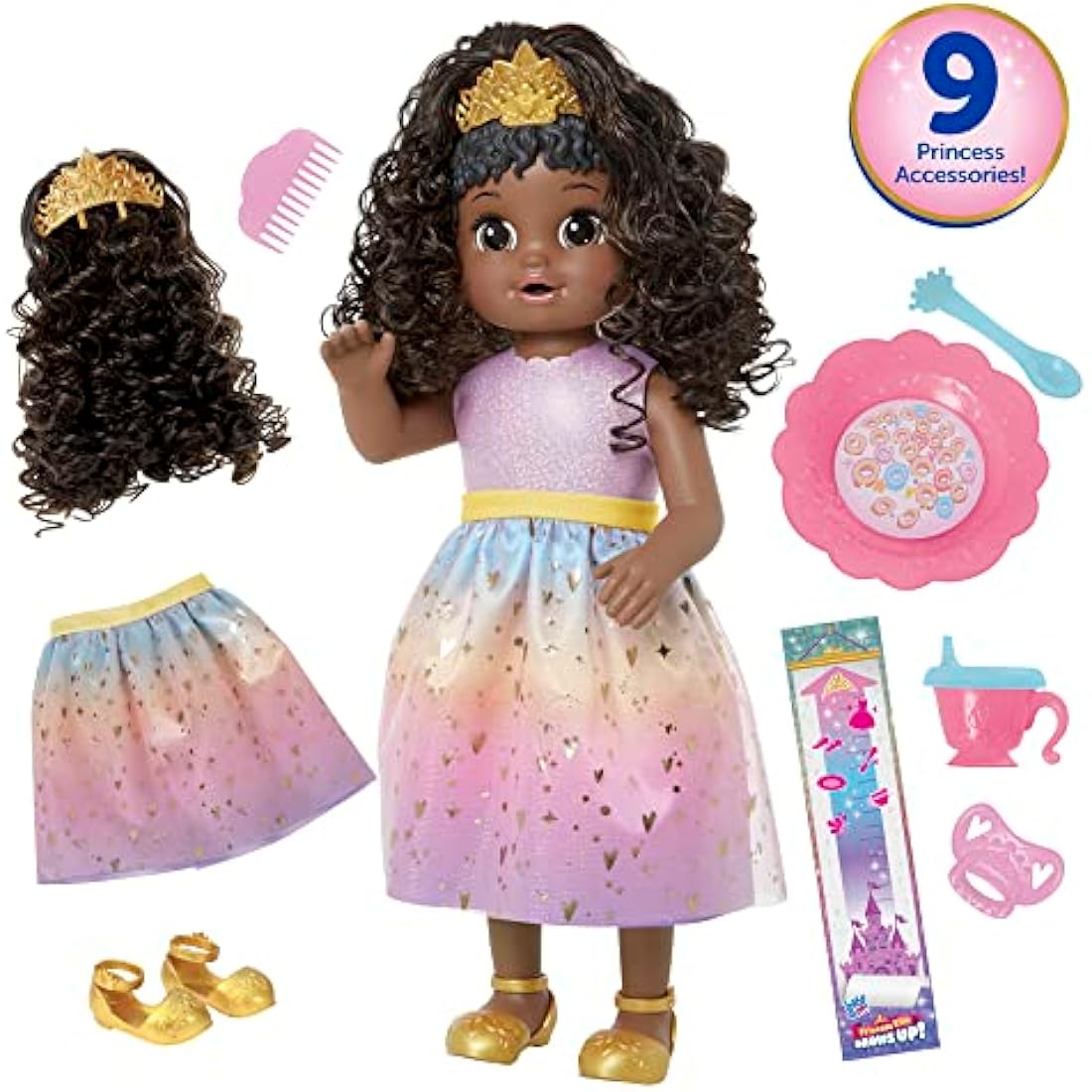 Baby Alive Princess Ellie Grows Up! Black Hair Doll, Interactive Baby Doll with Accessories, Talking Baby Dolls, Toys for 3 Year Old Girls and Boys and Up, 18-Inch