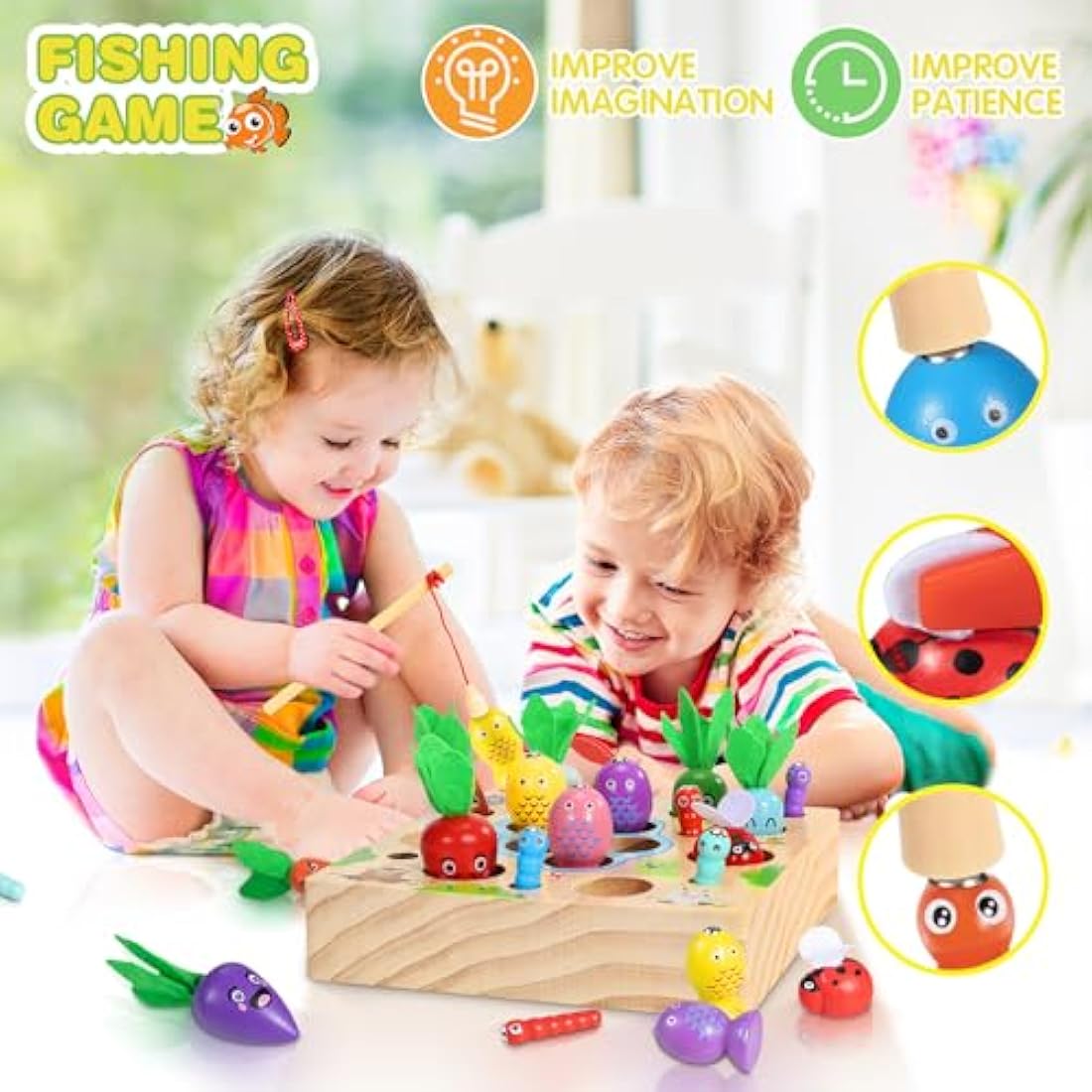 COOLJOY Wooden Fishing Game Toy, 4 In 1 Magnetic Montessori Toys for 2 Year Olds, Carrots Harvest Toy Shape Sorter, Toddler Educational Gift for 2 3 4 Year Olds Girls Boys